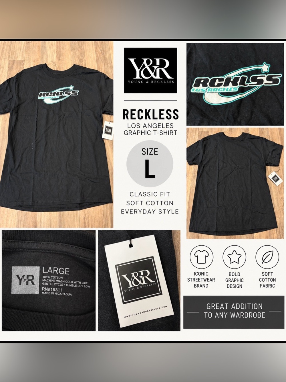 Young & Reckless Reckless Los Angeles Graphic T-Shirt Black Large NWT